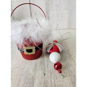 Santa bucket ornament feather glitter red ornament Xmas set tree